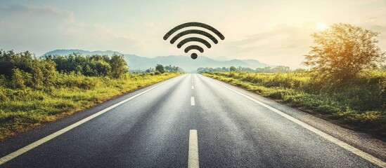 Wi Fi connectivity theme with open road landscape and space for your text on sunny day promoting digital communication and travel concept