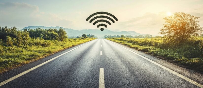 Wi Fi connectivity theme with open road landscape and space for your text on sunny day promoting digital communication and travel concept