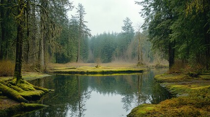 Serene swamp landscape with moss-covered trees reflecting in calm water under a cloudy sky