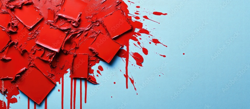 Poster top view of red canvas pieces on blue background with red paint splatters and drips creating space f
