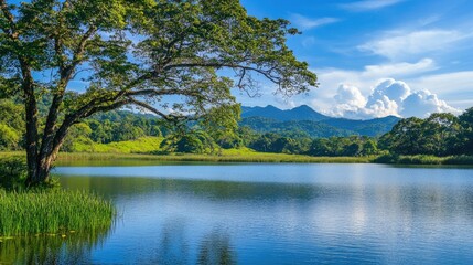 Obraz premium Serene natural landscape with lush greenery and calm water under a clear blue sky captured on a sunny day