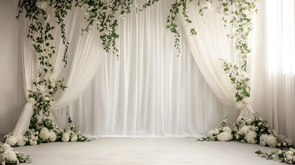 Backdrop with two large white curtains and green vines and flowers on the sides of each curtain. This setting creates a soft and romantic atmosphere for wedding photography.