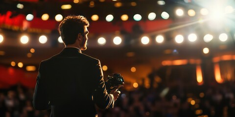 A filmmaker receiving an award at a prestigious film festival, with a backdrop of lights and cameras.