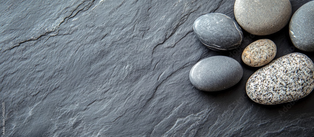 Poster smooth pebbles arranged on a dark slate surface with copy space for text or branding in a minimalist
