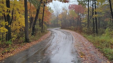 Fototapeta premium Serene winding road during a rainy autumn day with colorful fall foliage and reflections on wet pavement in a tranquil natural setting