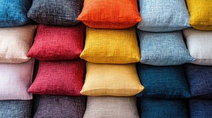 Colorful soft pillows arranged in a stacked pattern on textured linen fabric showcasing boutique interior design style