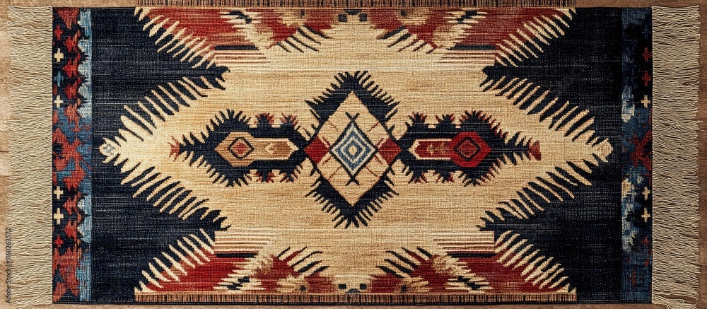 Poster geometric woven rug with intricate patterns and ample empty space for personalized text or branding 