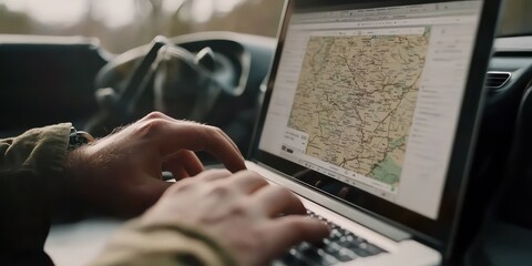 Obraz premium A person creating a trip itinerary on a laptop, preparing for a vacation to a foreign country.