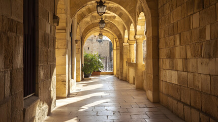 Obraz premium Charming Arched Stone Corridor Bathed in Sunlight Offering a Serene Escape : Generative AI