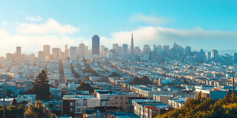 Obraz premium Stunning Aerial View of San Francisco Cityscape at Sunrise with Clear Blue Sky : Generative AI