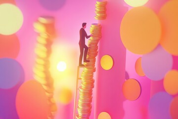Playful Businessman Climbing a Coin Ladder in Cartoon Style