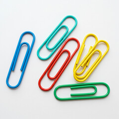 Four colorful paperclips—turquoise, red, yellow, and green—arranged vertically on a white background.
