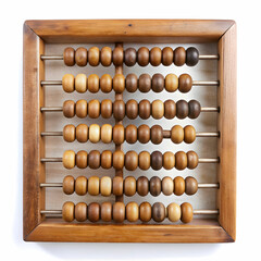 An old wooden abacus with colorful beads, set against a white background, ideal for historical, educational,