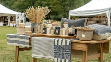 Rustic outdoor market display of candles, textiles, and home goods.