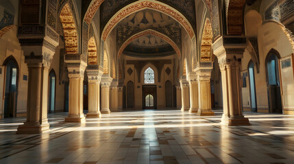 Obraz premium Majestic Mosque Interior with Sunlit Arches and Intricate Patterned Ceiling Designs : Generative AI