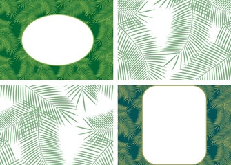 Set of backgrounds formatA4, green background, palm leaves on transparent layer, isolate. Cheerful green background, tropical plants