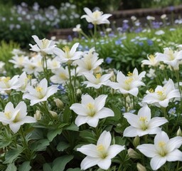 Fototapeta premium Elegant white blooms of platycodon grandiflorus in a summer garden setting, decorative, botanical garden, ornamental, white flowers, relaxing