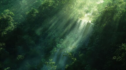 Hidden Waterfall Aerial Capture in Lush Green Forest