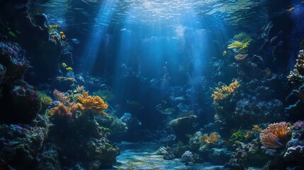 Fototapeta premium Underwater Coral Reef Serenity: Sunbeams Illuminate Vibrant Marine Life
