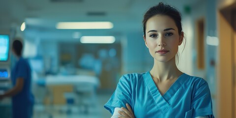 Naklejka premium An attractive nurse standing at a hospital station, looking confident and ready to help.