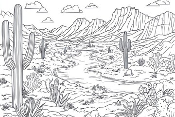 Line art desert landscape with cacti, mountains, and a winding river.