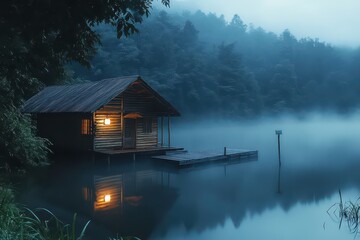 Fototapeta premium Serene Wooden Cabin by Misty Lake at Dawn