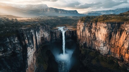 Aerial View of Majestic Waterfall in Scenic Landscape