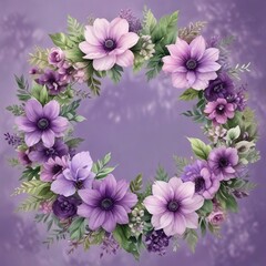 Fototapeta premium Exquisite watercolor floral wreath in shades of purple and green, lush, green, decorative, wreath, watercolor