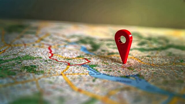 A red location pin on an interactive digital map with bright highlights, symbolizing real time traffic updates, road traffic alerts, and navigation trackingm