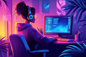 Vibrant Remote Worker at Quirky Desk in Cartoon Style