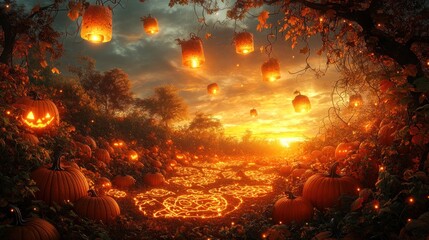 Jack-o'-lanterns, lanterns, autumnal path, magical sunset.