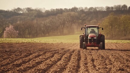 Fototapeta premium Tractor cultivating fertile green fields amidst blooming spring landscape in rural agricultural setting