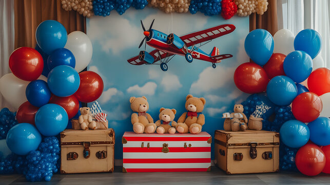 A photo of backdrop with blue balloons, small teddy bear, and a vintage airplane toy for birthday party backdrop decorations.