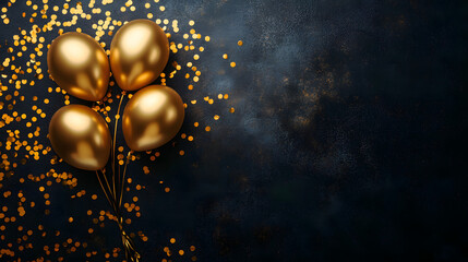 A photo of the gold balloon floating on a dark background with golden confetti and balloons. Happy New Year banner background.