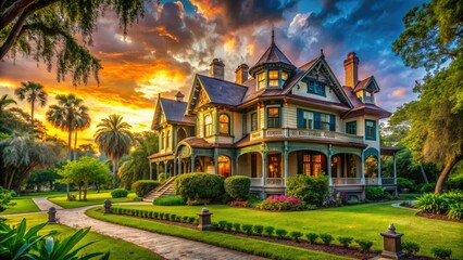 Fototapeta premium Capture Florida's architectural heritage with panoramic photos: antebellum mansions, colonial gems, Spanish villas, and historic preservation efforts.