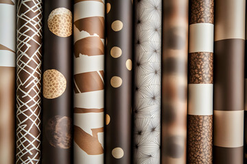 top view rolls of wrapping paper or wallpaper with mid century modern prints in muted mocha brown color, 2025 trend