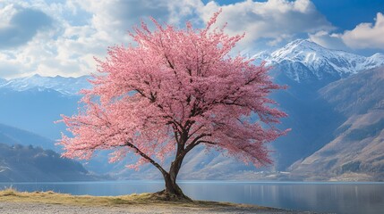 A magnificent and beautiful cherry blossom tree standing alone, with beautiful mountain and lake views