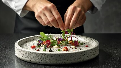 A chef plating up an exquisite dish in the kitchen of their restaurant, close-up on their hands and food presentation process. The plate is beautifully arranged with colorful ingredients and herbs.