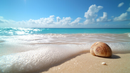 Obraz premium Coastal Serenity: A quiet sandy beach with gentle waves lapping against the shore, seashells scattered along the sand, and the vast ocean stretching into the distance under a bright, sunny sky.