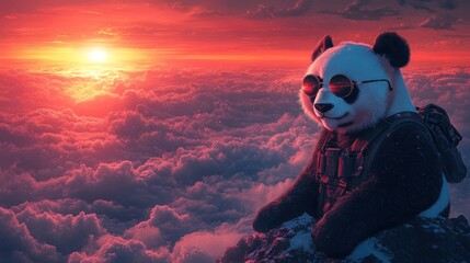 Fototapeta premium Cool panda, sunset cloudscape, mountaintop.