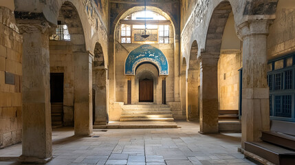 Obraz premium Ancient Stone Courtyard with Arched Doorways and Sunlit Atmosphere : Generative AI