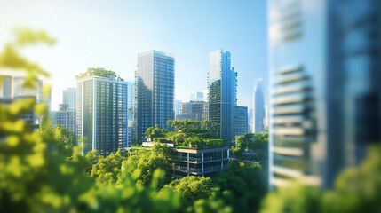 Fototapeta premium Cityscape with and buildings. Green, eco, city, skyscrapers, trees, roof, sky, ecology, glass. Ecology of trees on the roof of a building. Green trees and green roofs in a city with lifestyle glass.