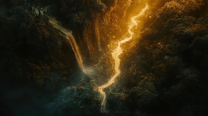 Aerial View of a Serene Winding Waterfall