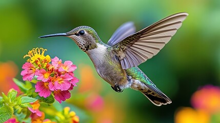 Fototapeta premium A hummingbird hovering near vibrant flowers in a colorful garden setting.