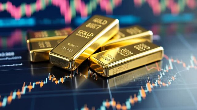 Gold bars and financial charts on the background of a stock market candlestick chart, a business concept for gold trading, an aspirational photo, high-resolution photography.