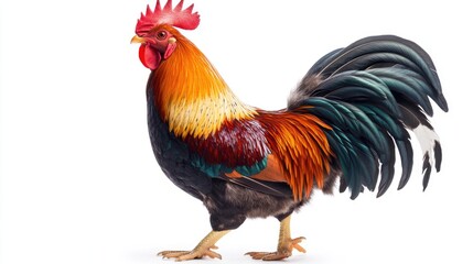 Fototapeta premium Rooster with Vibrant Plumage Standing on White Background