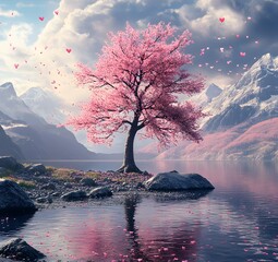 A magnificent and beautiful cherry blossom tree standing alone, with beautiful mountain and lake...