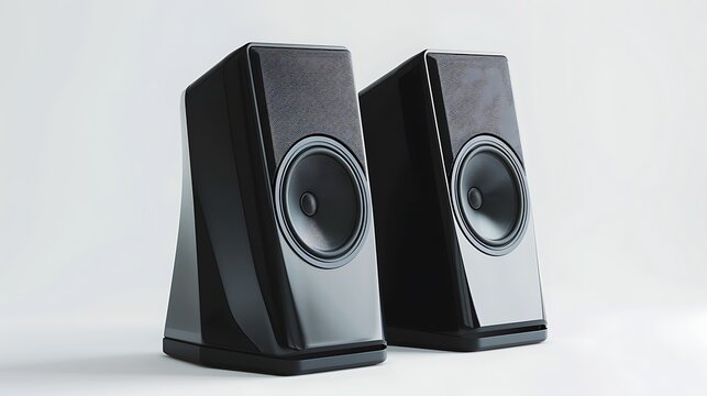 A pair of sleek computer speakers with modern design, photographed on a white background