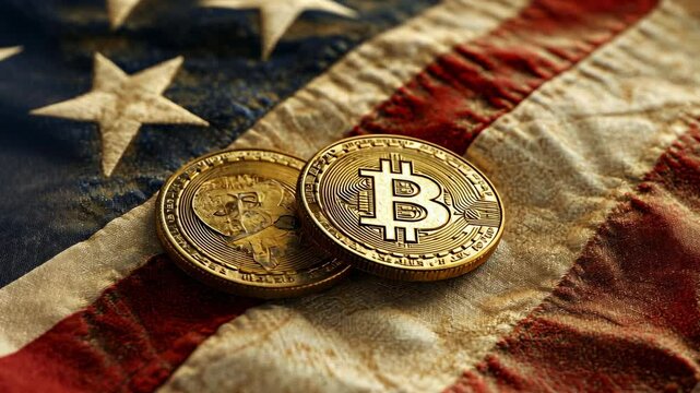 Photograph of two gold coins with the Bitcoin logo on them, laying atop an American flag. Highly detailed, ultra-realistic photography.