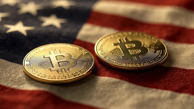 Two gold coins with the Bitcoin logo on top of an American flag, high resolution, high quality, high detail, best photography ever, best details, hyper-realistic, best lighting and shadows,